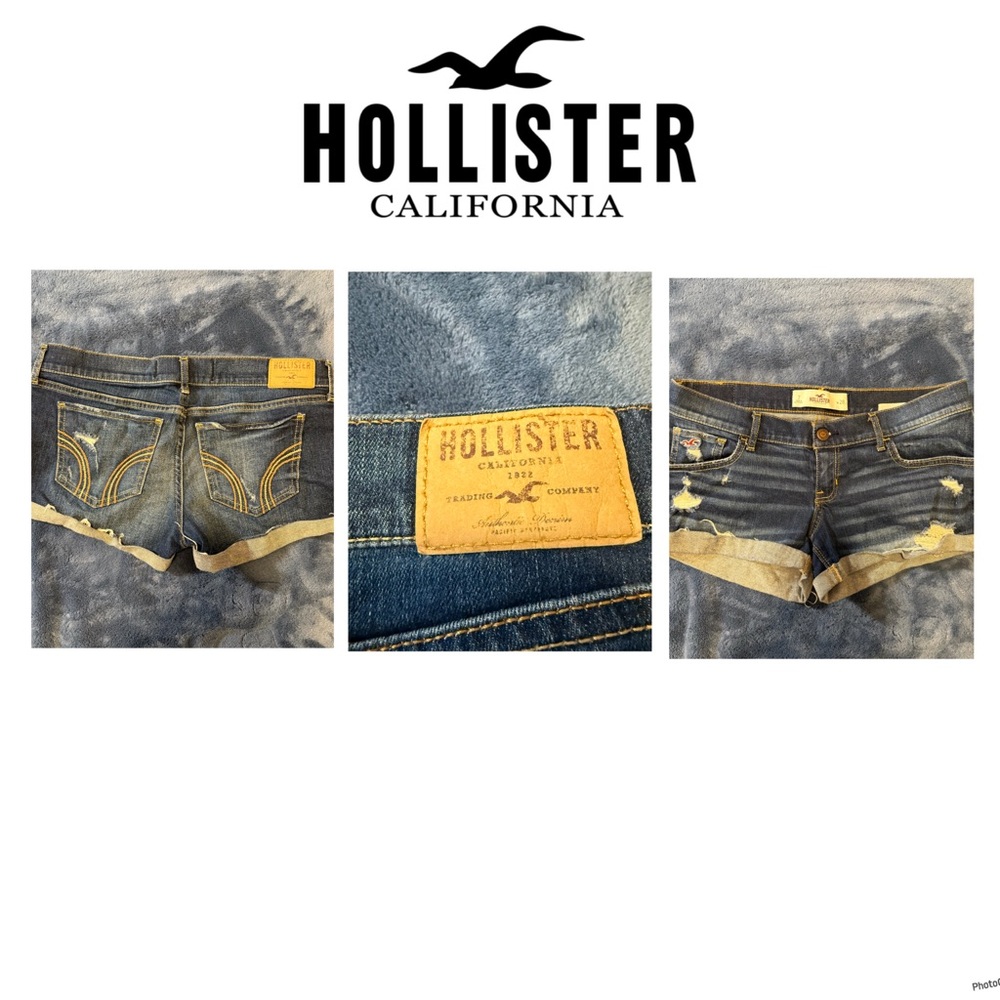 Hollister Dark Indigo Distressed Rolled Cuff Jean Shorts
